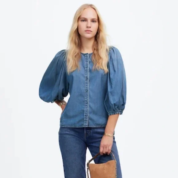 NWT Madewell Denim Puff-Sleeve Button-Up Top in Kennebec Wash - Picture 2 of 11